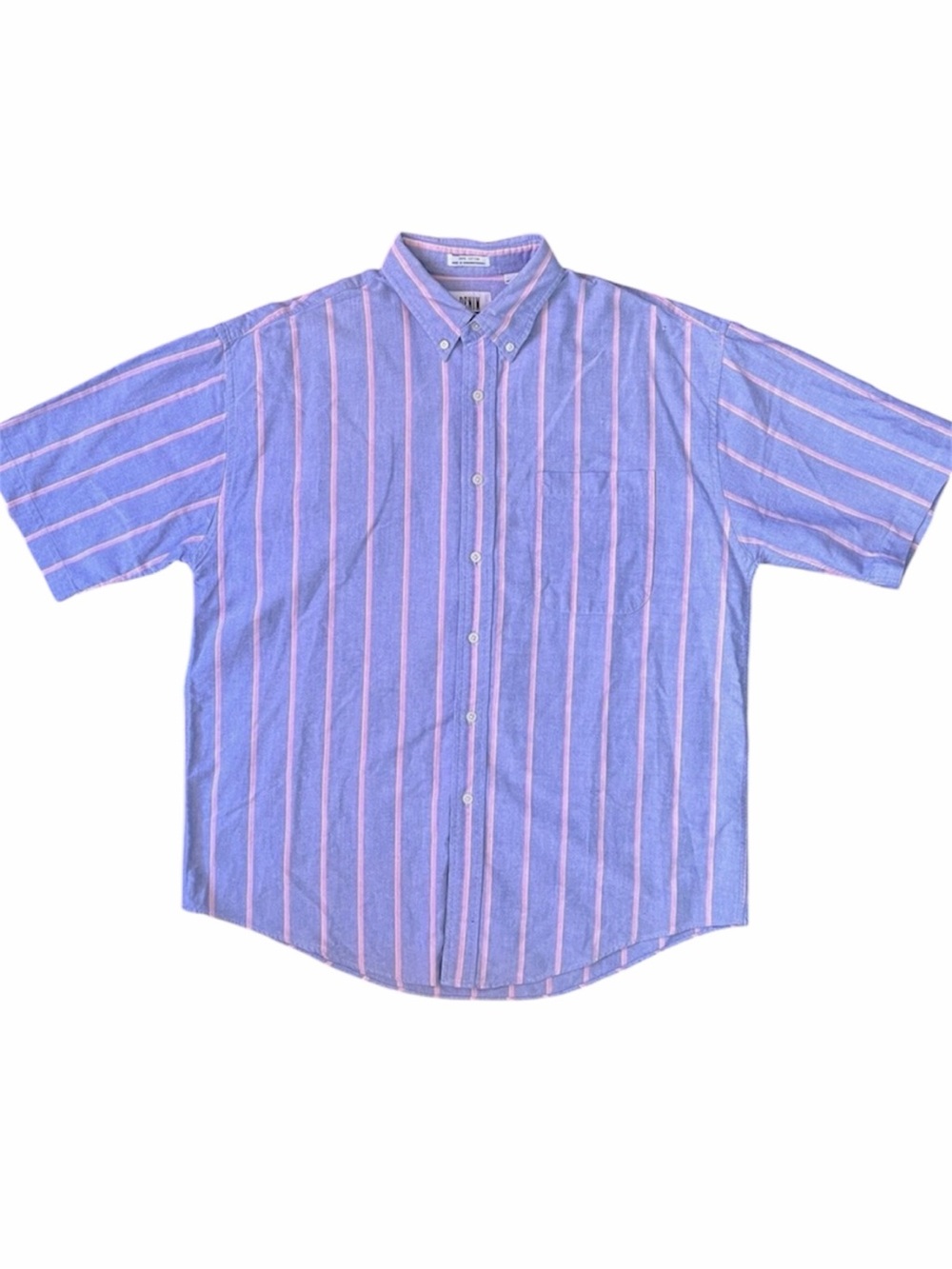 Vintage - DENIM EXPRESS - Striped Button Up Short Sleeve Shirt sz. L Pink Blue
